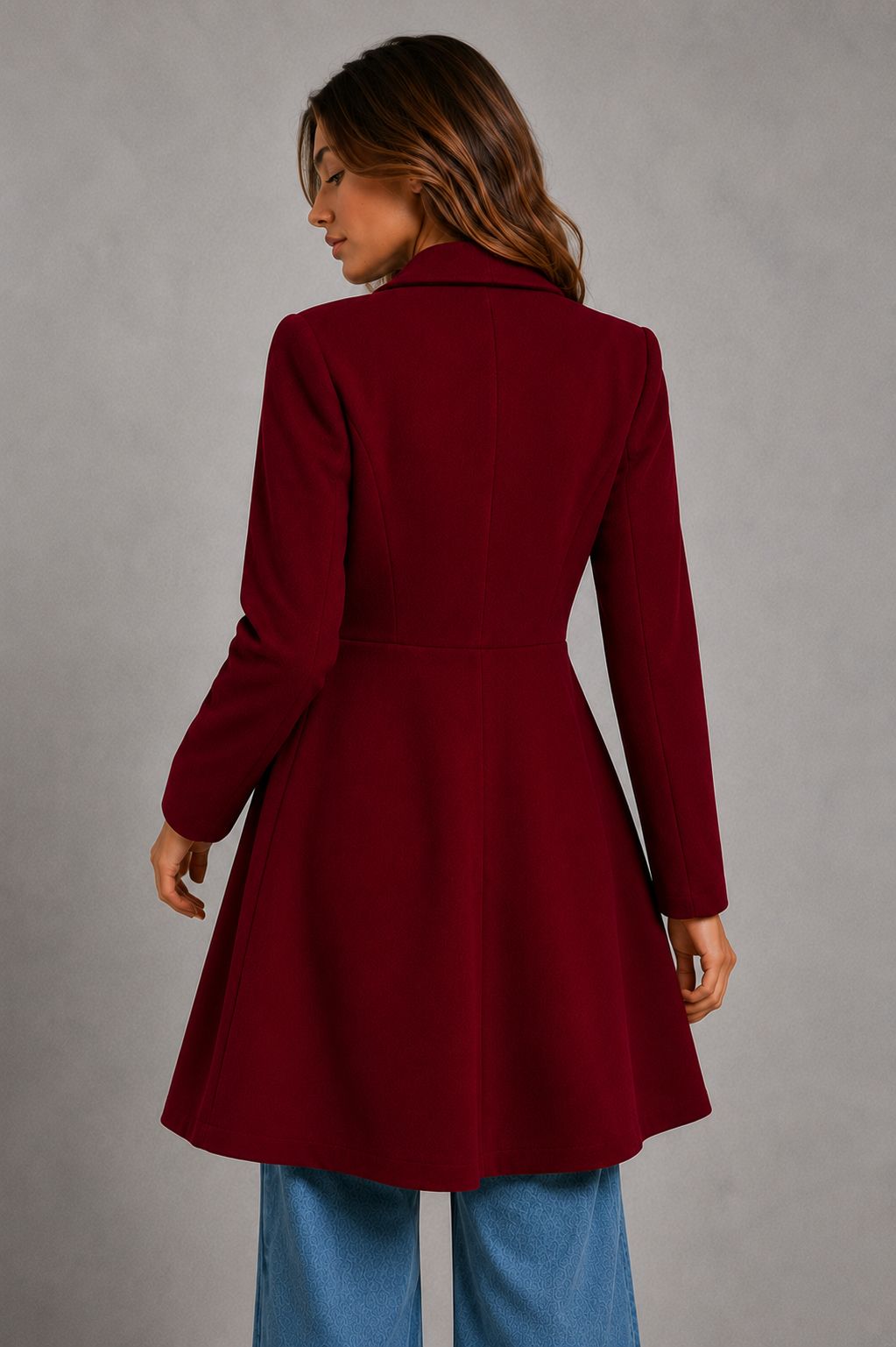 Women's Fit and Flare Wool Blend Coat with Waterfall Collar in Red – Back View