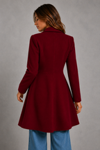 Women's Fit and Flare Wool Blend Coat with Waterfall Collar in Red – Back View