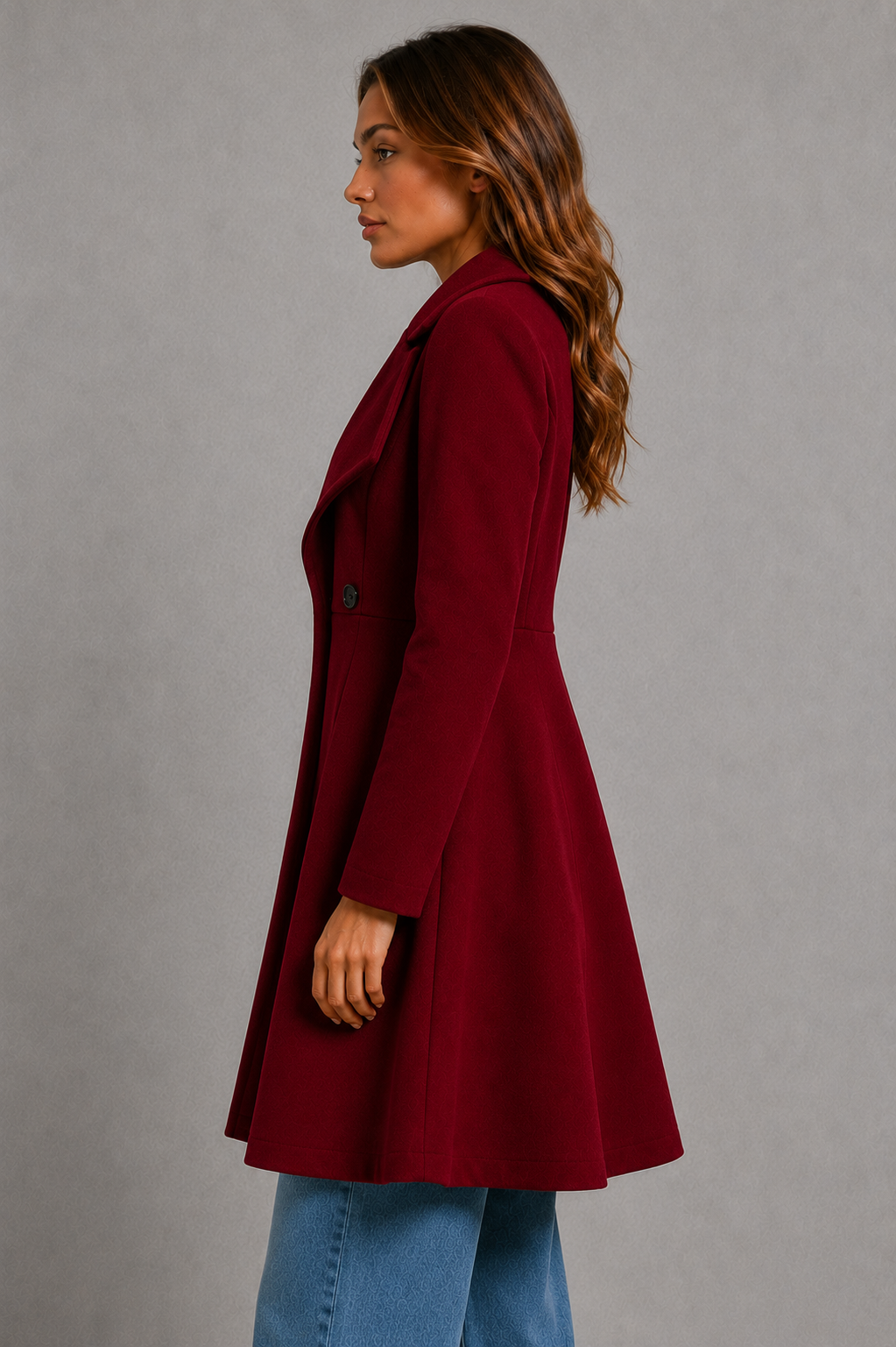 Women's Fit and Flare Wool Blend Coat with Waterfall Collar in Red – Side View