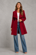Women's Fit and Flare Wool Blend Coat with Waterfall Collar in Red – Front View