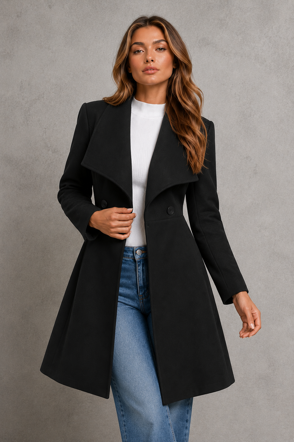 Women's Fit and Flare Wool Blend Coat with Waterfall Collar in Black – Front View