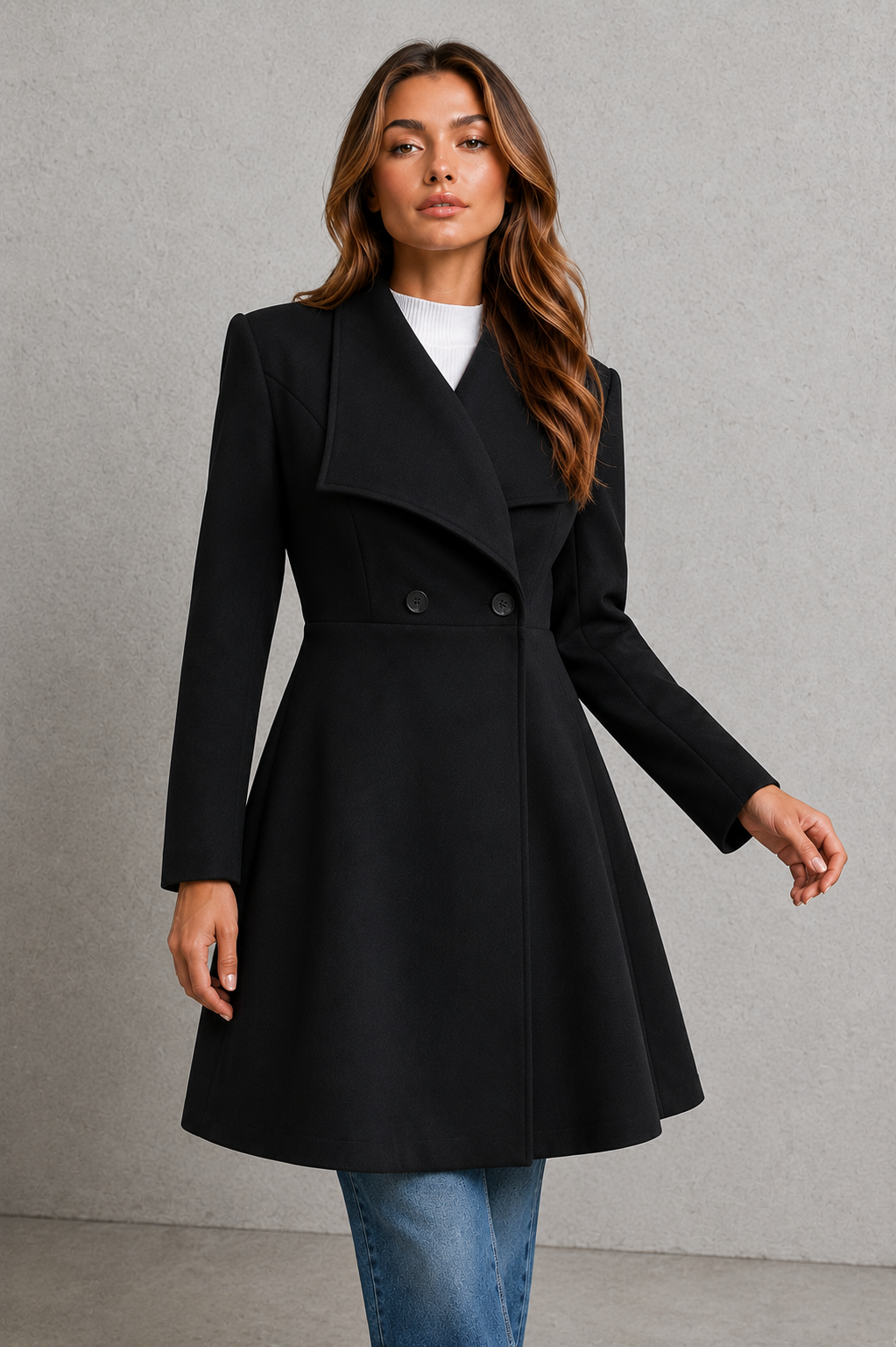 Women's Fit and Flare Wool Blend Coat with Waterfall Collar in Black – Front View