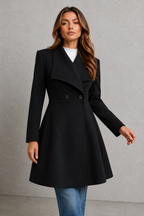 Women's Fit and Flare Wool Blend Coat with Waterfall Collar in Black – Front View