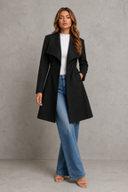 Women's Fit and Flare Wool Blend Coat with Waterfall Collar in Black – Front View