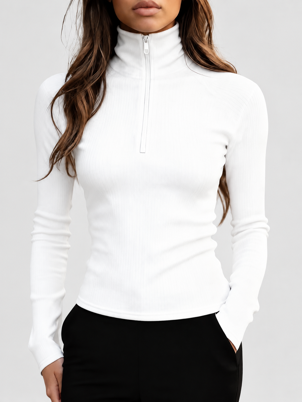 Women's Fitted Ribbed Half Zip High Neck Top with Long Sleeves in White – Front View