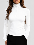 Women's Fitted Ribbed Half Zip High Neck Top with Long Sleeves in White – Front View