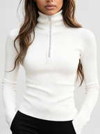 Women's Fitted Ribbed Half Zip High Neck Top with Long Sleeves in White – Front View 2