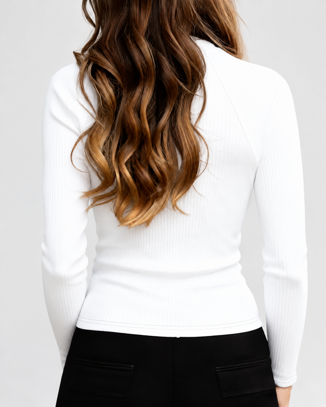 Women's Fitted Ribbed Half Zip High Neck Top with Long Sleeves in White – Back View