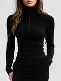 Women's Fitted Ribbed Half Zip High Neck Top with Long Sleeves in Black – Front View