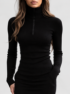 Women's Fitted Ribbed Half Zip High Neck Top with Long Sleeves in Black – Front View