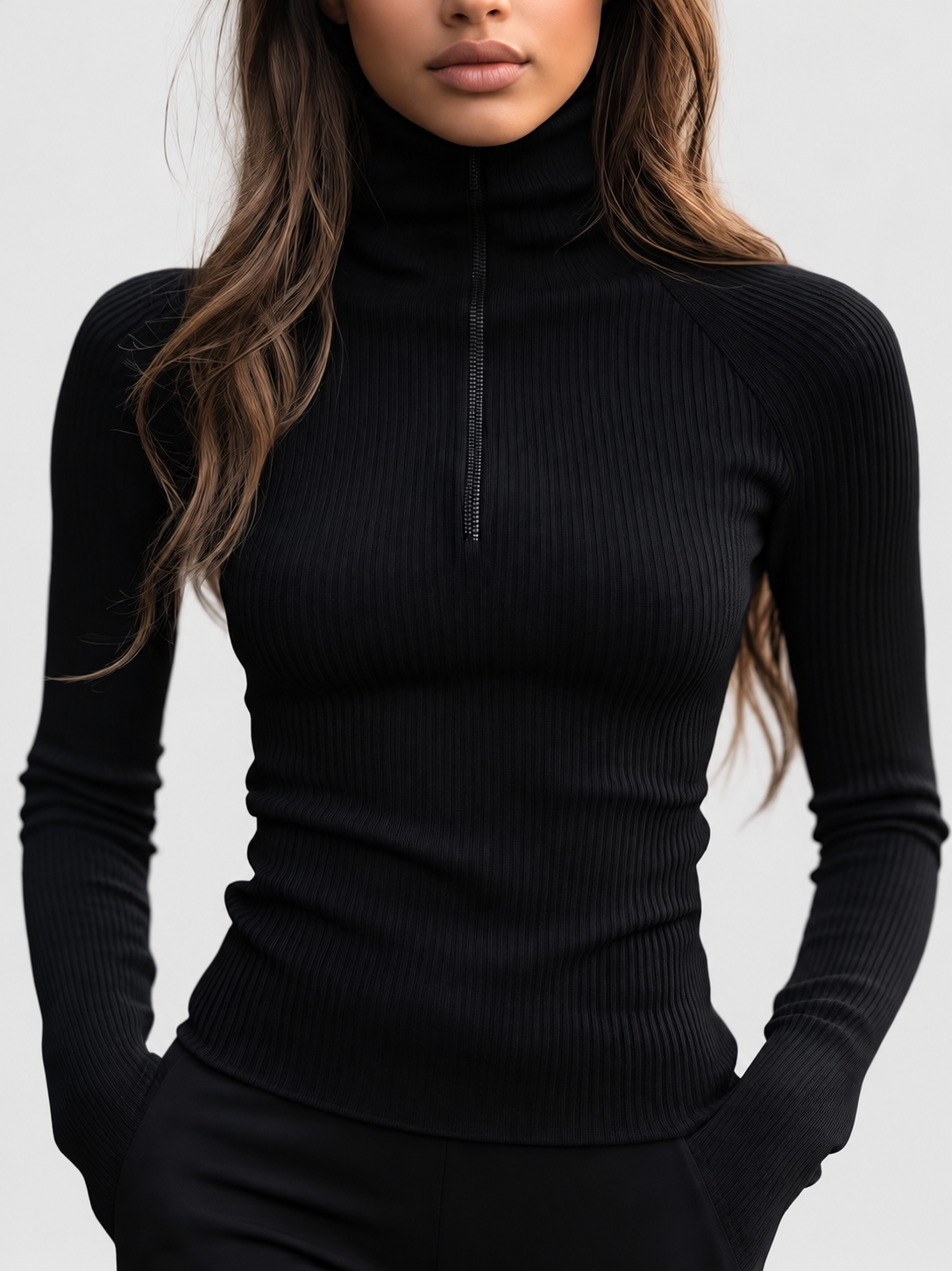 Women's Fitted Ribbed Half Zip High Neck Top with Long Sleeves in Black – Front View 2