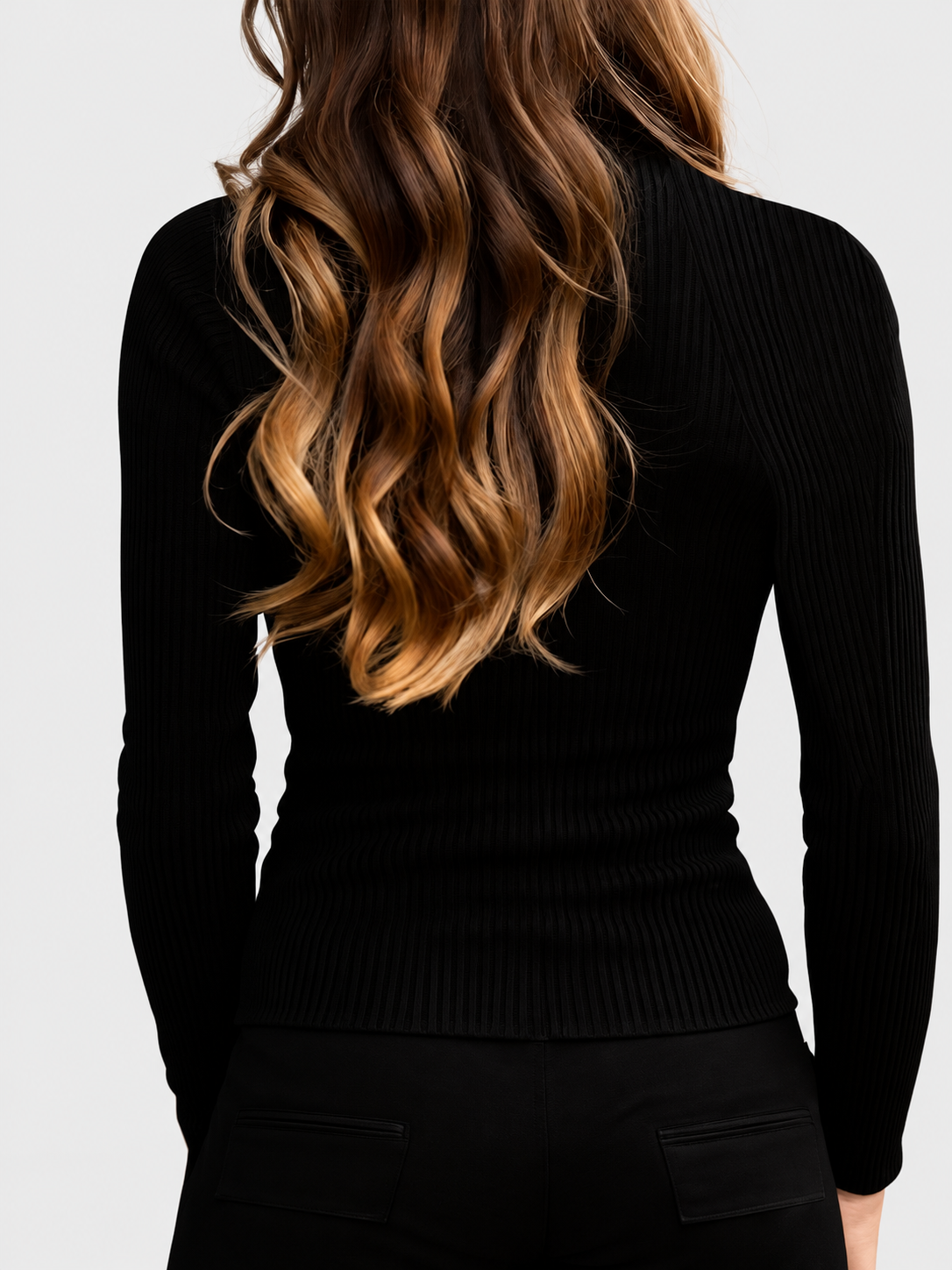 Women's Fitted Ribbed Half Zip High Neck Top with Long Sleeves in Black – Back View
