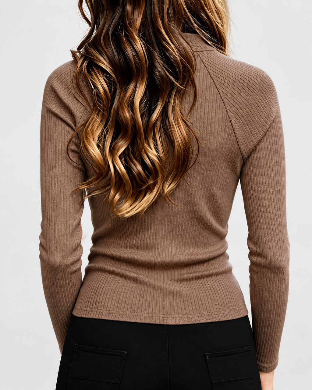 Women's Fitted Ribbed Half Zip High Neck Top with Long Sleeves in Coffee – Back View