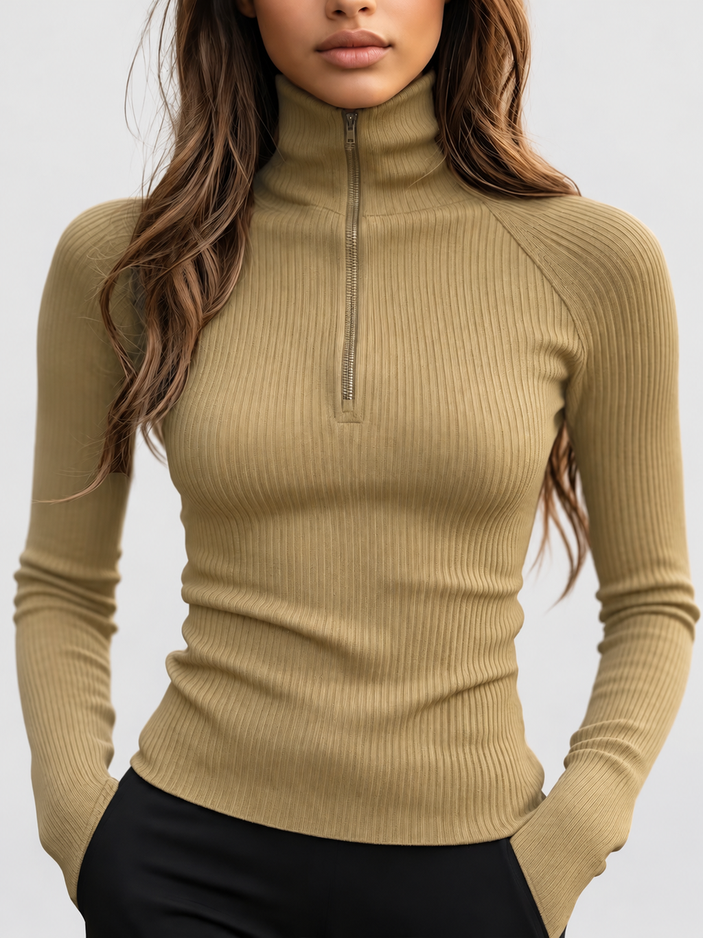 Women's Fitted Ribbed Half Zip High Neck Top with Long Sleeves in Khaki – Front View 2
