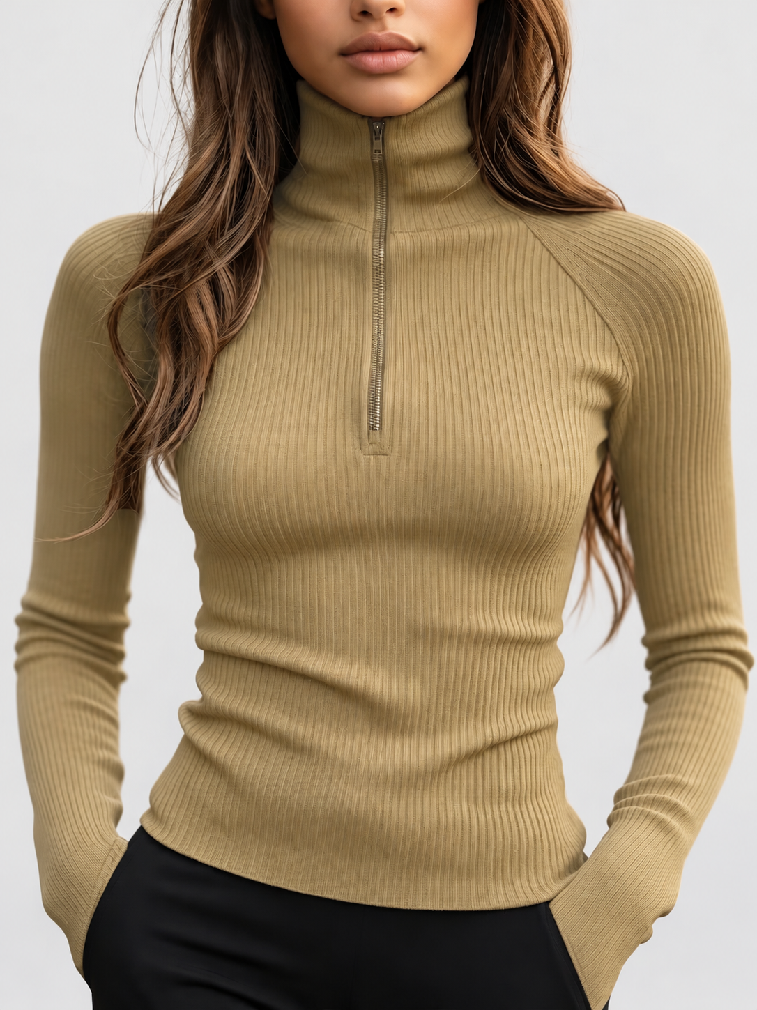 Women's Fitted Ribbed Half Zip High Neck Top with Long Sleeves in Khaki – Front View 2