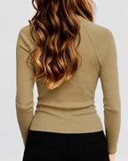 Women's Fitted Ribbed Half Zip High Neck Top with Long Sleeves in Khaki – Back View