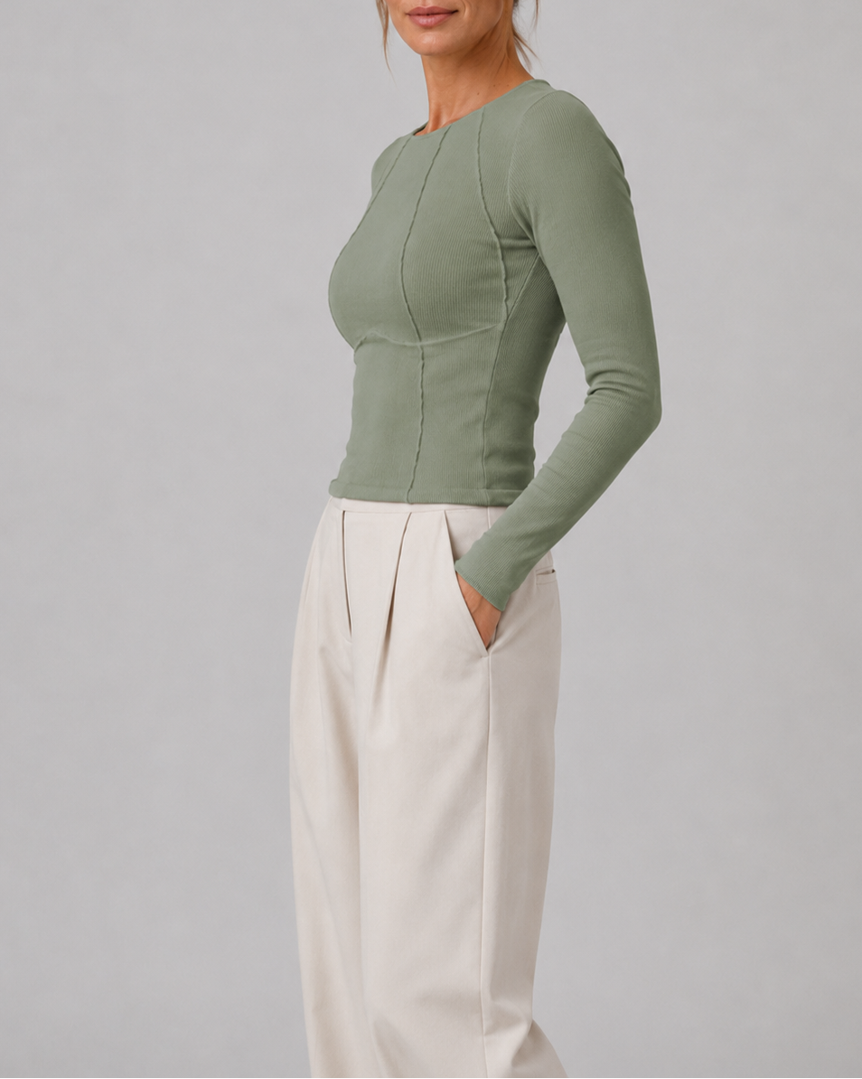 Women's Fitted Ribbed Round Neck Long Sleeve Top