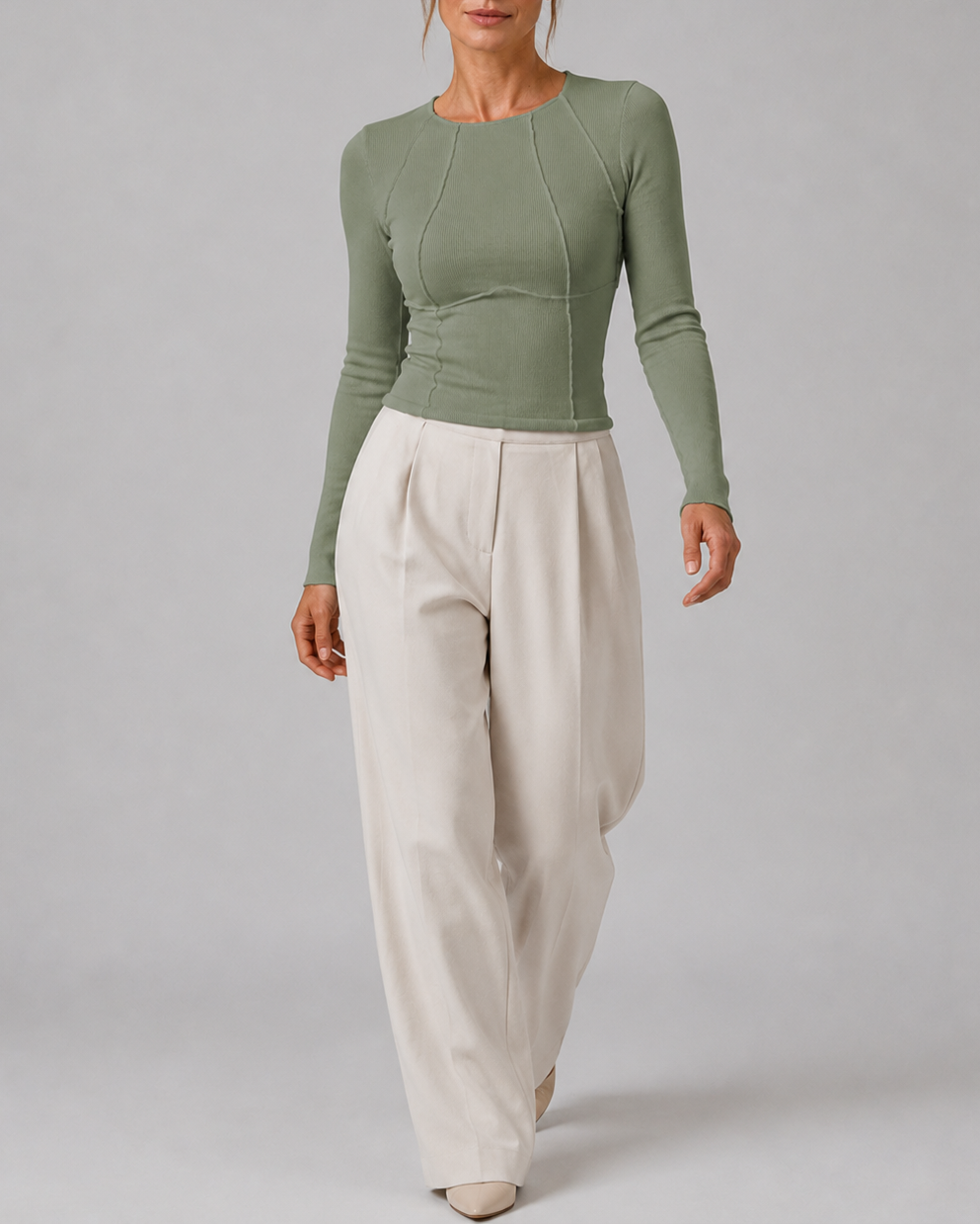 Women's Fitted Ribbed Round Neck Long Sleeve Top