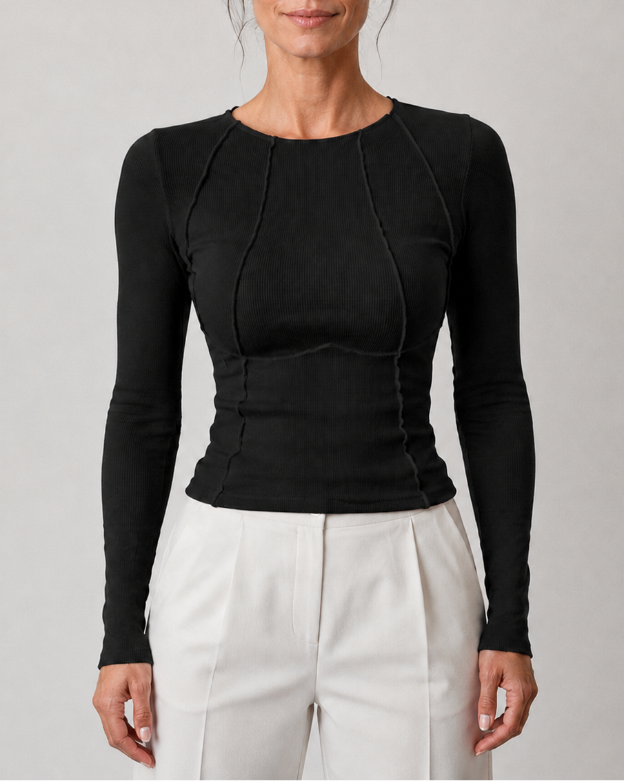 Women's Fitted Ribbed Round Neck Long Sleeve Top