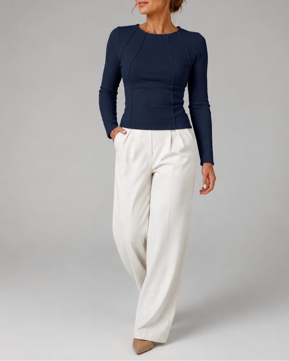 Women's Fitted Ribbed Round Neck Long Sleeve Top