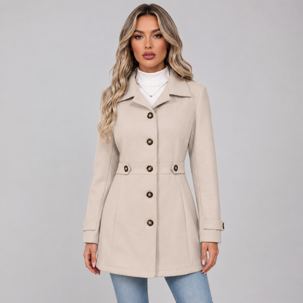 Women's Fitted Single Breasted Coat with Lapel Collar and Waist Tabs