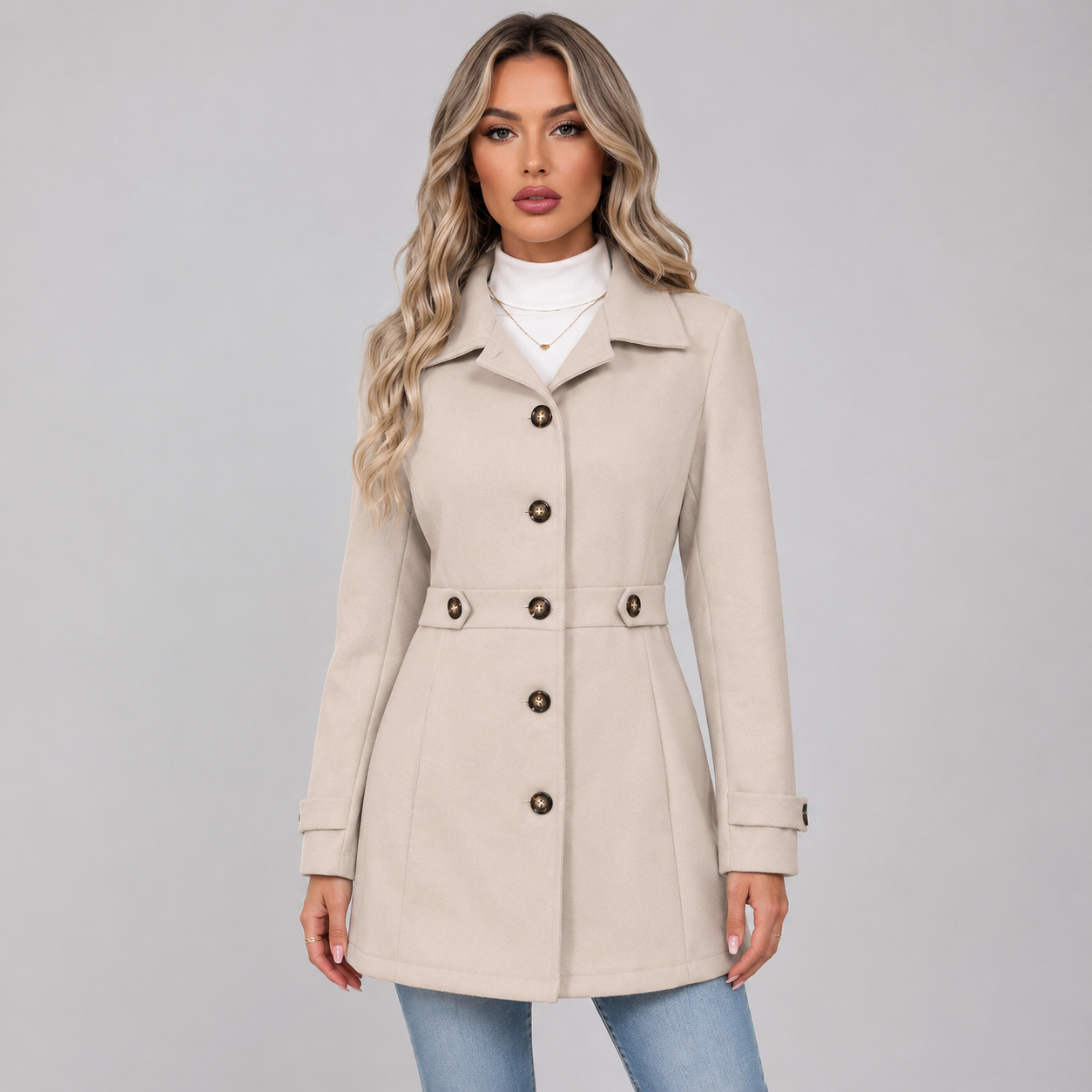 Women's Fitted Single Breasted Coat with Lapel Collar and Waist Tabs