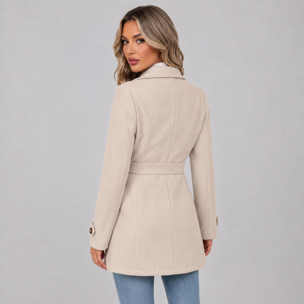 Women's Fitted Single Breasted Coat with Lapel Collar and Waist Tabs