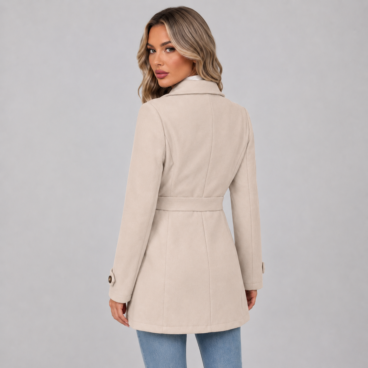 Women's Fitted Single Breasted Coat with Lapel Collar and Waist Tabs