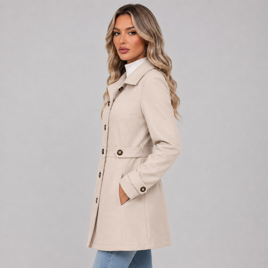 Women's Fitted Single Breasted Coat with Lapel Collar and Waist Tabs