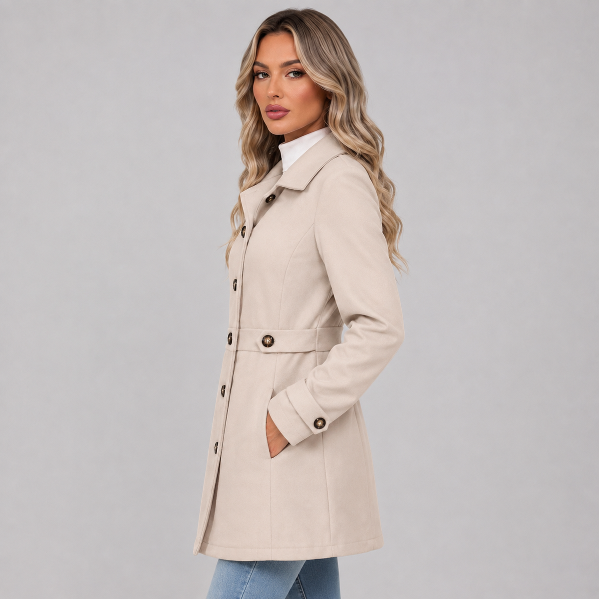 Women's Fitted Single Breasted Coat with Lapel Collar and Waist Tabs