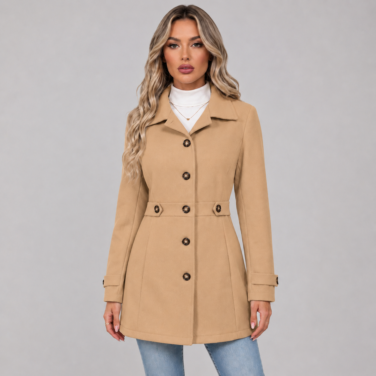Women's Fitted Single Breasted Coat with Lapel Collar and Waist Tabs