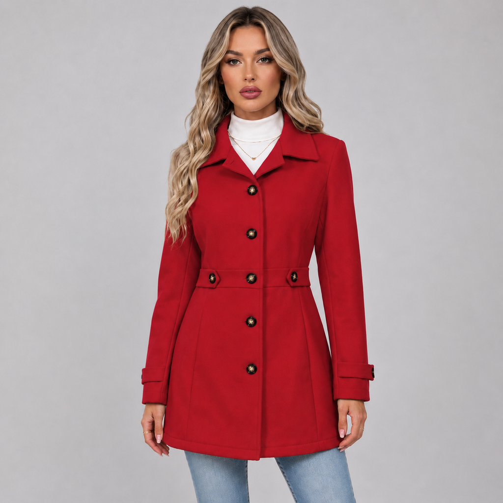 Women's Fitted Single Breasted Coat with Lapel Collar and Waist Tabs