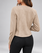 Women's suede style jacket with round neck and zip front