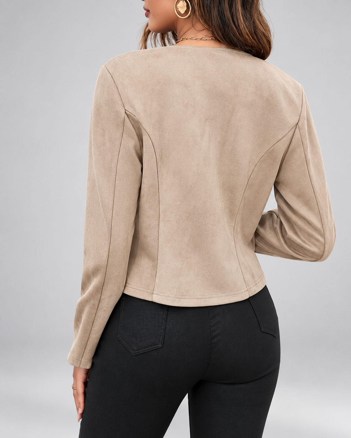 Women's suede style jacket with round neck and zip front