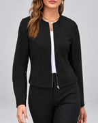 Women's suede style jacket with round neck and zip front