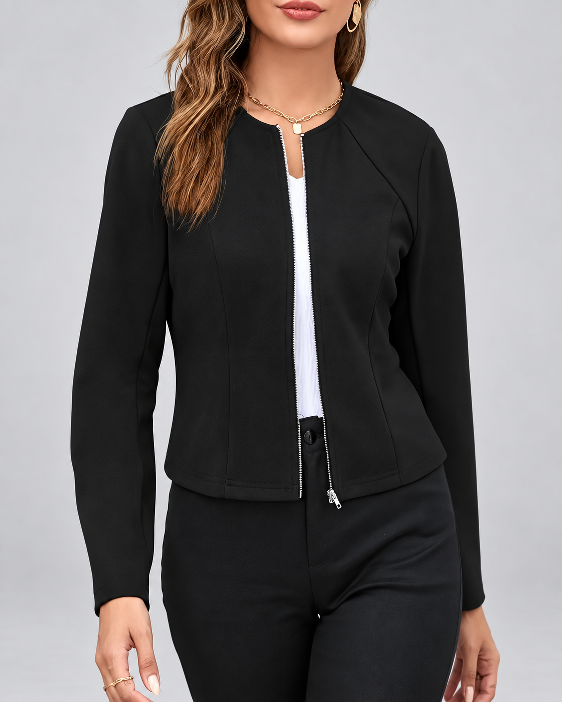 Women's suede style jacket with round neck and zip front