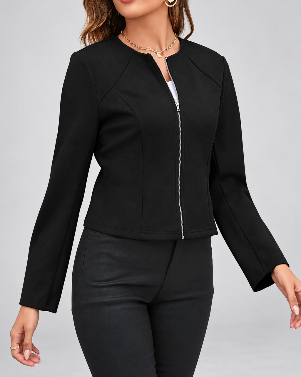 Women's suede style jacket with round neck and zip front