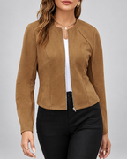 Women's suede style jacket with round neck and zip front