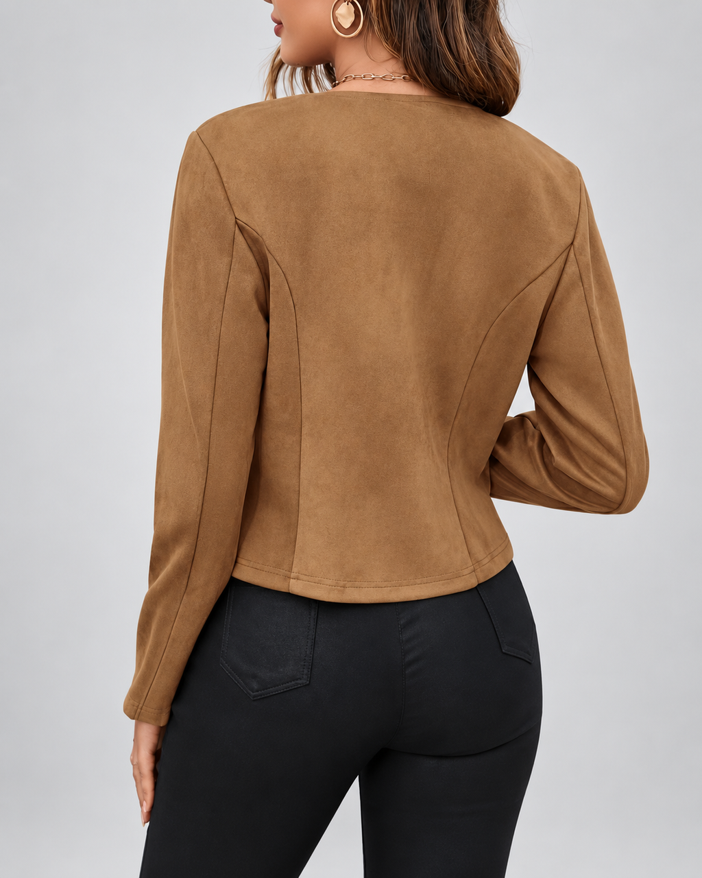 Women's suede style jacket with round neck and zip front
