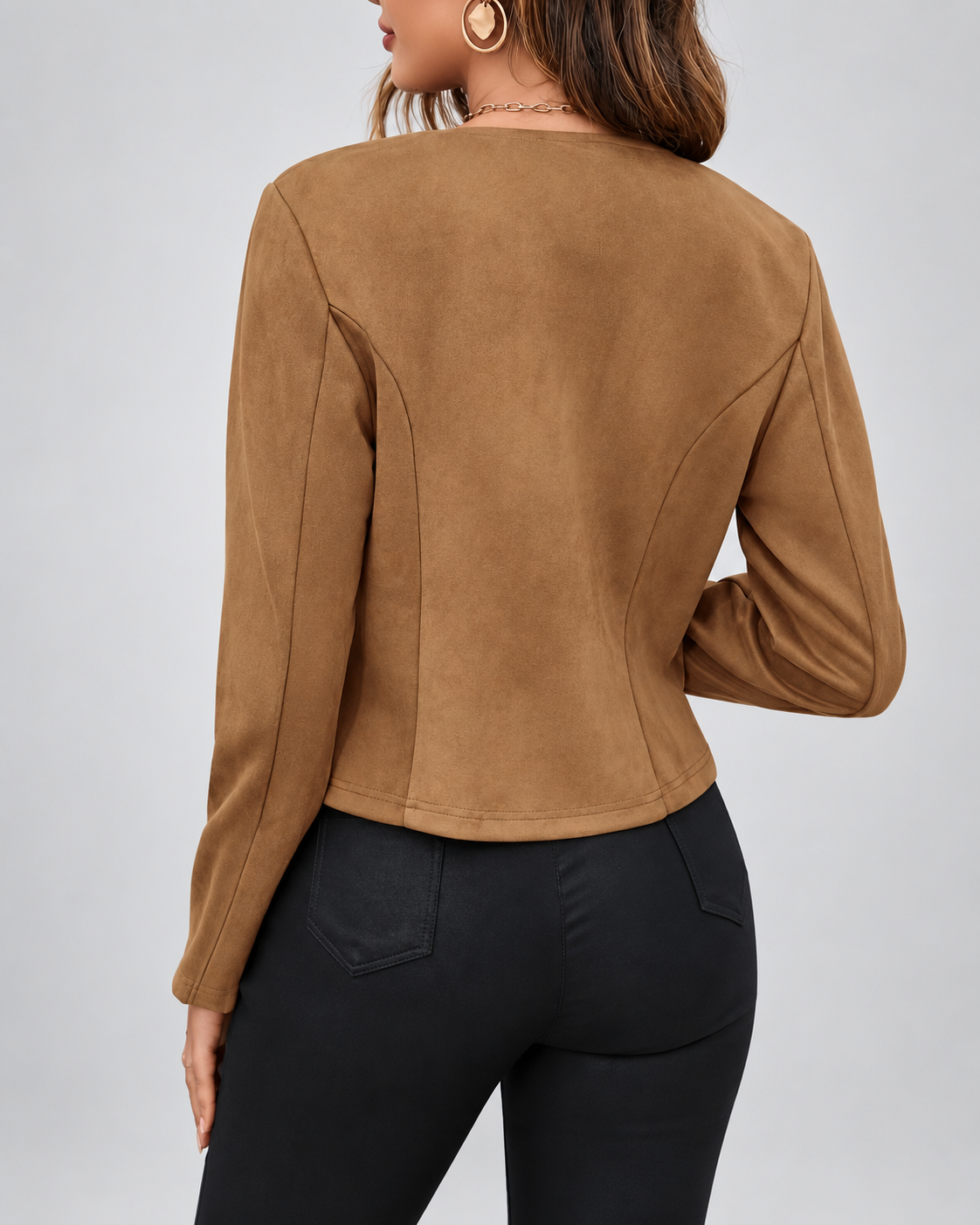 Women's suede style jacket with round neck and zip front