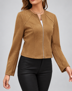 Women's suede style jacket with round neck and zip front