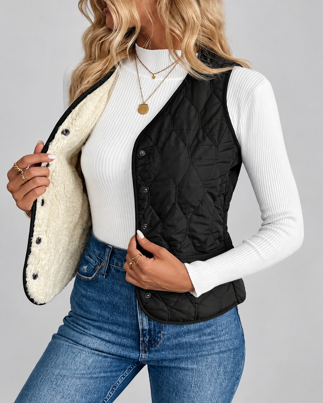 Women's Fleece Lined Gilet with Quilting and Button Front - Black