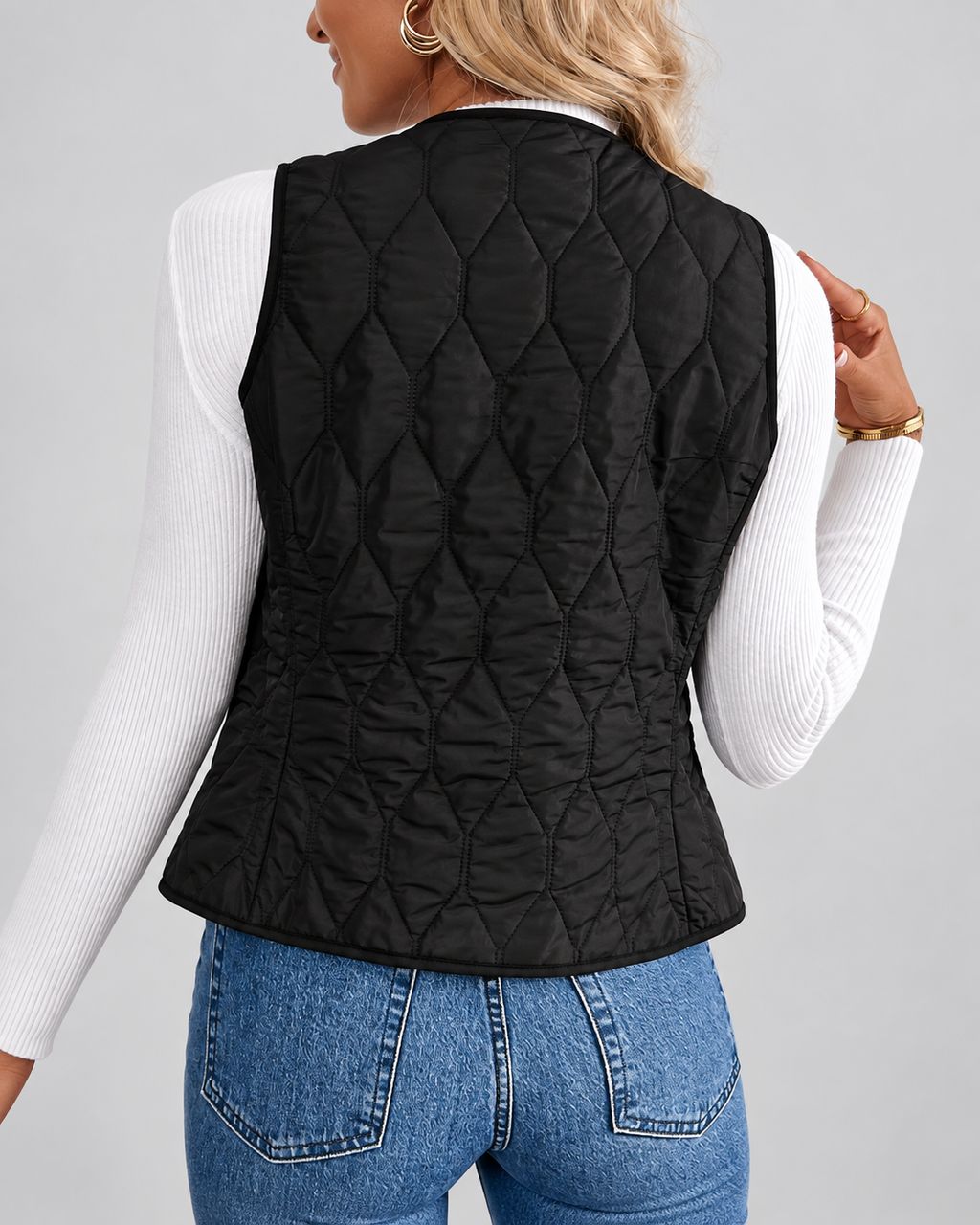 Women's Fleece Lined Gilet with Quilting and Button Front - Black