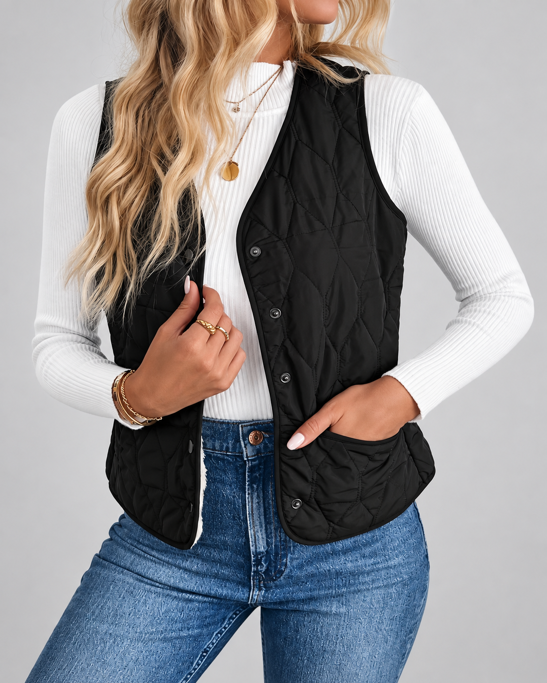 Women's Fleece Lined Gilet with Quilting and Button Front - Black