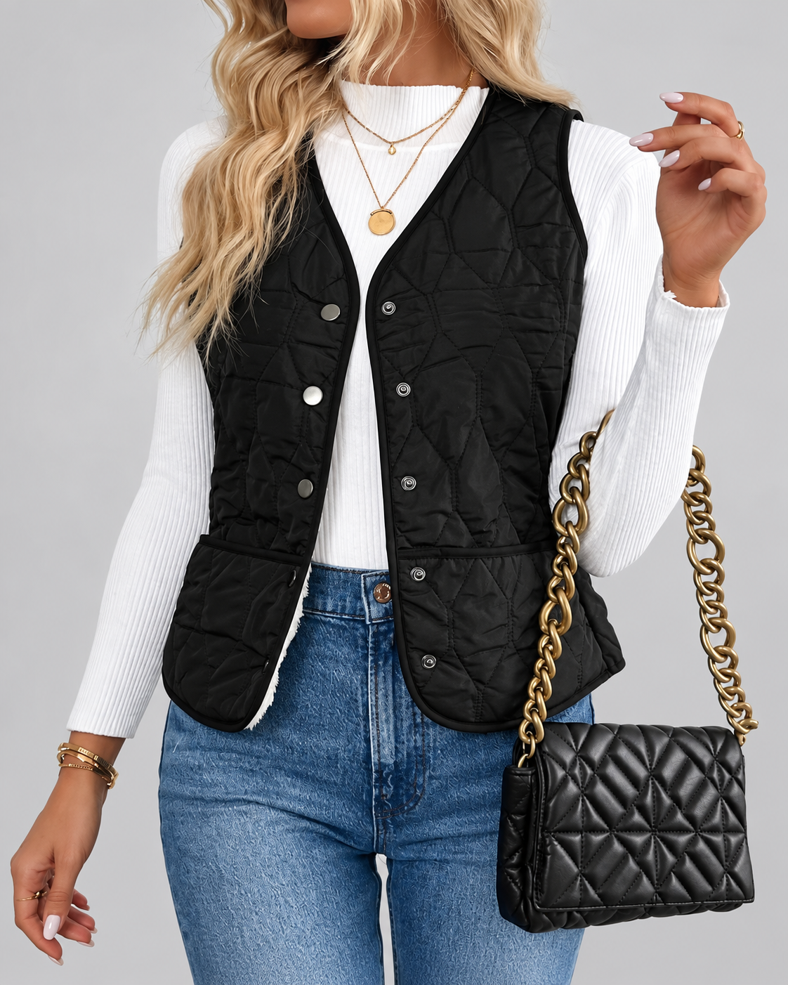 Women's Fleece Lined Gilet with Quilting and Button Front - Black