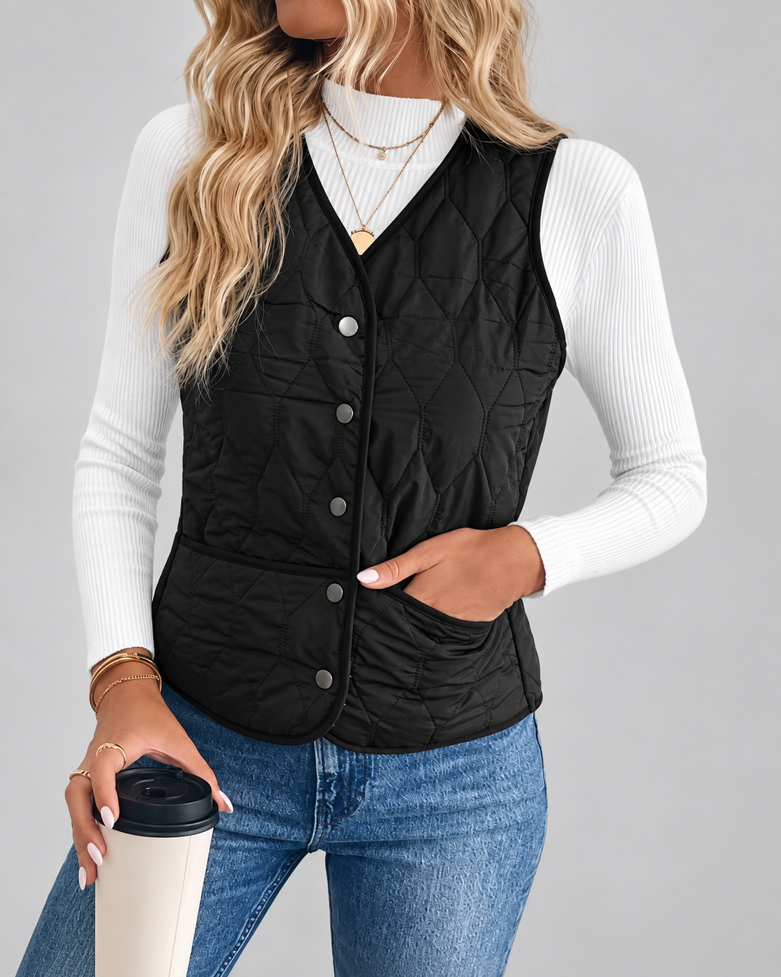 Women's Fleece Lined Gilet with Quilting and Button Front - Black