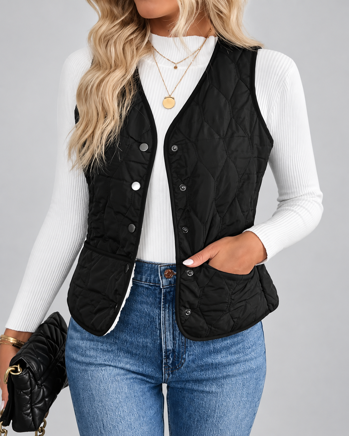 Women's Fleece Lined Gilet with Quilting and Button Front - Black