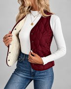 Women's Fleece Lined Gilet with Quilting and Button Front - Burgundy