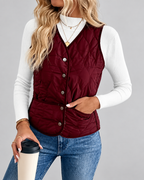 Women's Fleece Lined Gilet with Quilting and Button Front - Burgundy