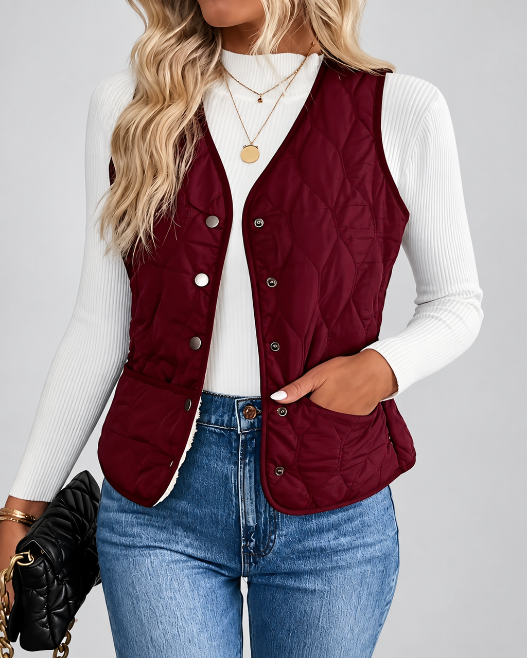 Women's Fleece Lined Gilet with Quilting and Button Front - Burgundy
